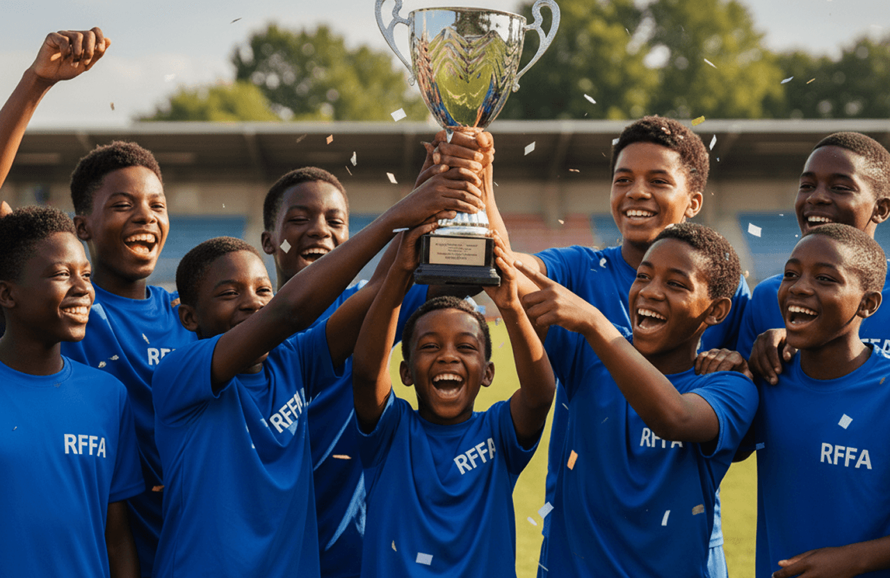 Young football players celebrating with trophy